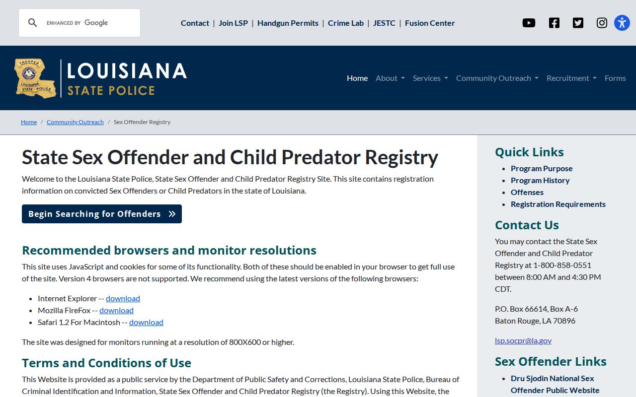 Iberville Parish sex offender search through the Louisiana registry gateway