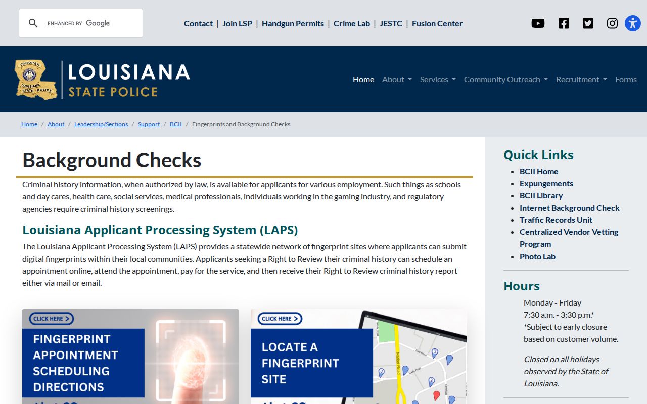 Louisiana fingerprint and background check instructions