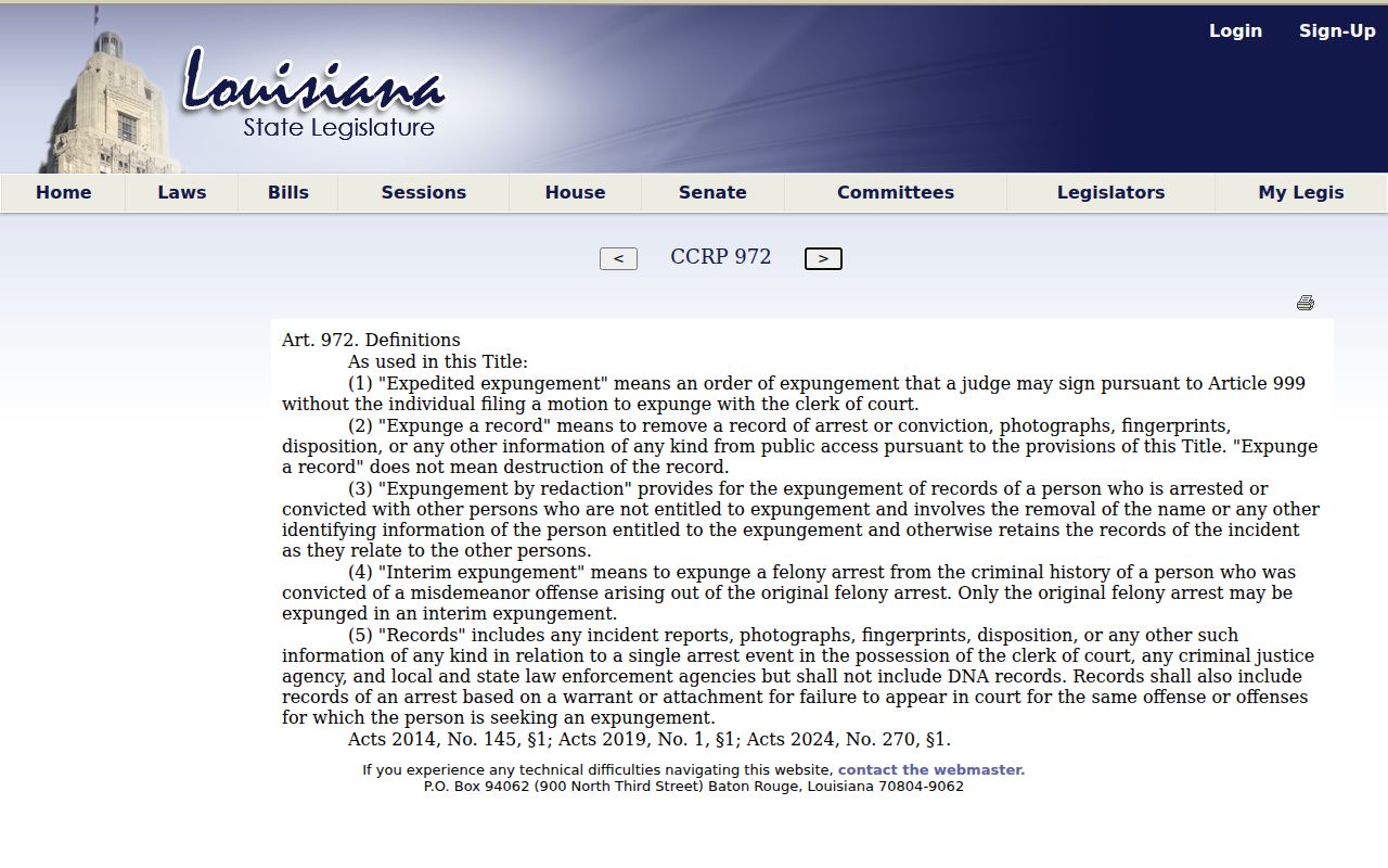 Plaquemine criminal records Louisiana expungement definitions